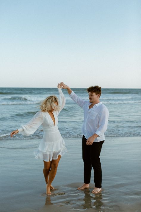 Beach Pictures With Husband, Anniversary Pictures On The Beach, Tropical Beach Engagement Photos, Beach Anniversary Photoshoot, Plus Size Engagement Photos Beach, Dressy Couples Photoshoot, Sunrise Beach Engagement Photoshoot, Engagement Photos Outfits Summer Beach, Engagement Photos Beach Sunset