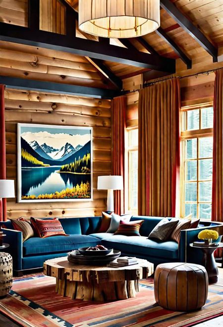 How to Decorate a Log Cabin Home Without Wood Overload Log Cabin Homes Interior Modern, Living Room Black Ceiling, Black Ceiling Beams, Modern Log Home Interiors, Log Cabin Living Room Ideas, Rustic Cabin Decor Ideas, Cabin Living Room Ideas, Interior Log Cabin, Hygge Cabin