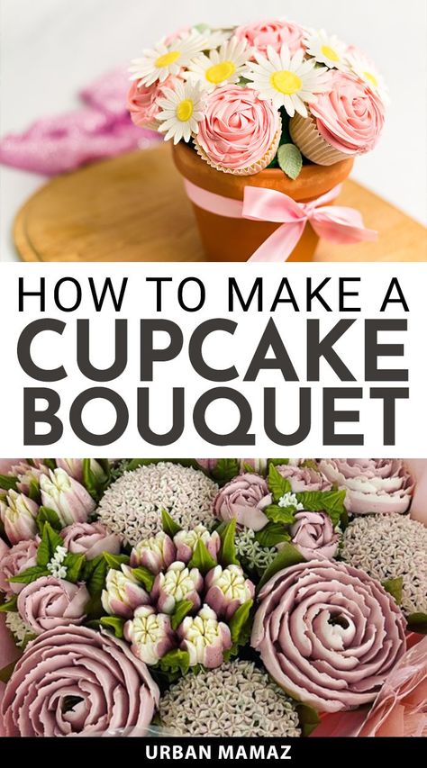 How to Make a Cupcake Bouquet Simple Cupcake Bouquet, Pull Apart Cupcake Cake Flower Bouquet, Spring Cupcake Bouquet, Cake Bouquet Cupcakes, How To Do Flowers On Cupcakes, How To Make A Cupcake Bouquet Tutorials, How To Make Flower Cupcakes Tutorials, Floral Cupcakes Bouquet, How To Make Rose Cupcakes