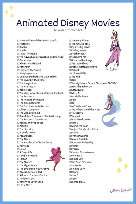 Free Disney Movies List of 400+ Films on Printable Checklists | List of Disney animated movies - Snow White and the Seven Dwarfs, Pinocchio, Dumbo, Bambi, Cinderella, Alice in Wonderland, Peter Pan, The Little Mermaid, Beauty and the Beast, Aladdin, The Lion King, Toy Story and so many more Disney animated movies! Disney Classics List #disney #disneymovies #moviemarathon Disney Cartoons List, Best Movies On Disney Plus, Animation Movies List, Cartoon Movies To Watch, Princess Movies List, Disney Princess Movies List, List Of Disney Movies, Animated Movies To Watch, Disney Films List
