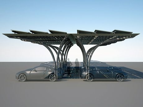 Solar Canopy Thornton Tomasetti provided structural engineering and steel detailing for an award-winning 11-foot-tall solar canopy / EV dock consisting of 6,000 pounds of architecturally exposed structural steel. The prototype structure, designed to harvest solar energy to power electric / hybrid vehicles, is composed of a tree-like steel superstructure that can support up to 900 pounds of solar equipment, a 300-square-foot canopy featuring photovoltaic panels... Solar Field Design, Solar Panel Canopy, Solar Canopy, Solar Panels Architecture, Solar Charging Station, Hybrid Vehicles, Steel Detailing, Solar Tiles, Solar Panels Design
