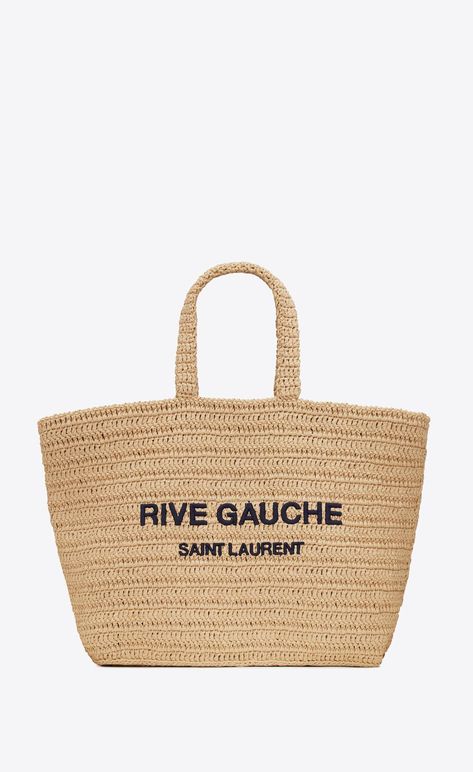 Rive Gauche supple tote bag in raffia crochet | Saint Laurent | YSL.com Patchwork, Ysl Tote Bag, Travel Capsule Wardrobe Summer, Ysl Tote, Raffia Crochet, Handbags Collection, Eco Bags, Embroidered Tote Bag, Saint Laurent Handbags