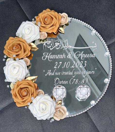 Wedding Plate Decoration, Wedding Ring Plate, Lippan Mirror, Gold And White Flowers, Wedding Welcome Table, Nikah Decor, Wedding Platters, Ring Plate, Wedding Crafts Diy