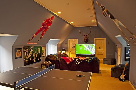 . Attic Arcade Room, Loft Conversion Games Room, Contemporary Game Room, Cool Attic Rooms, Attic Game Room, Bonus Room Decorating, Bonus Room Office, Bonus Room Design, Room Above Garage