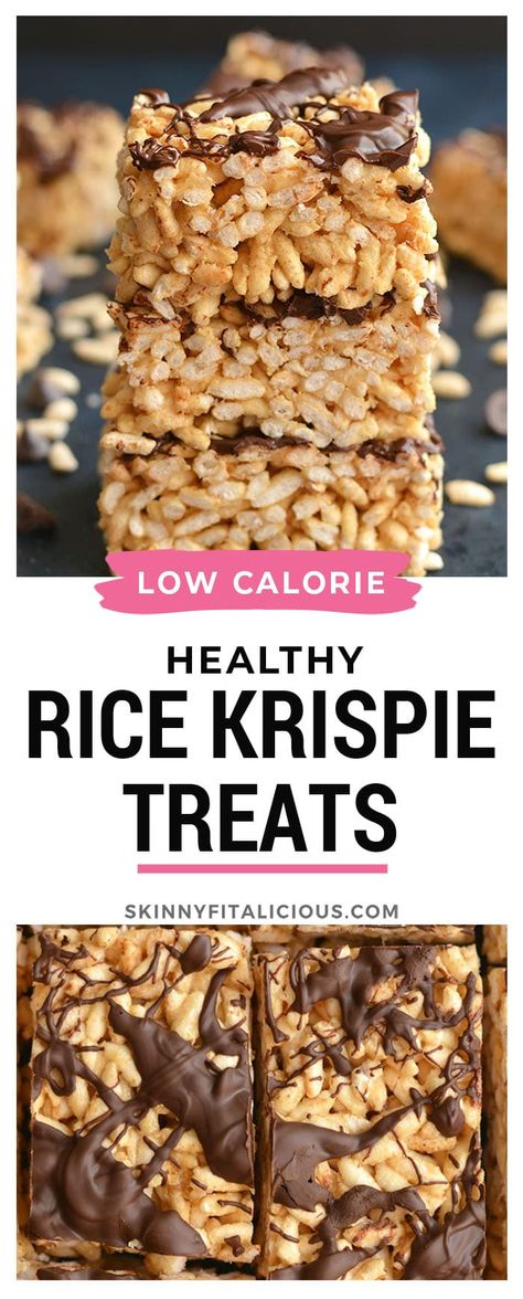 Healthy Rice Krispie Treats! Made with 3 ingredients - a healthy version of a classic favorite! #gluten #free #rice #krispie #treats #healthy #low #calorie #snack #glutenfree #lowcalorie Healthy Sweet Vegan Snacks, Delicious Low Calorie Snacks, Healthy Sweet Options, Low Cholesterol Treats, Low Calorie On The Go Snacks, Low Calorie Cereal Bars, Rice Krispie Healthy, Diet Treats Healthy, Low Calorie Baked Desserts