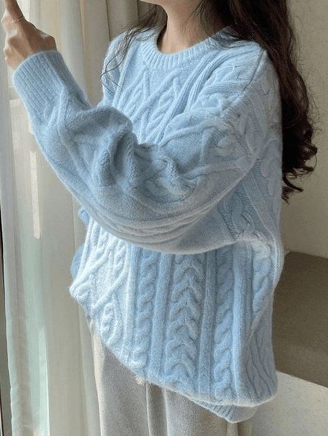 Crew Neck Cable Knit Pullover Sweater - Blue / ONE SIZE - AnotherChill #fashion #aesthetic #2023 Street Preppy, Mode Ulzzang, Beige Pullover, Sleeves Design, Sweaters Online, Beige Sweater, Knit Pullover, Cable Knit Sweater, Cute Sweaters