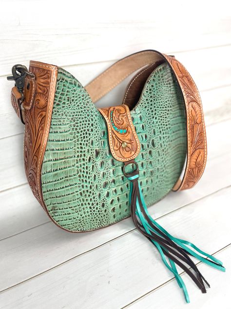 Muted Teal, Leather Handbag Patterns, Turquoise Purse, Turquoise Bag, Western Bag, Alligator Pattern, Leather Accessories Handmade, Leather Tooling Patterns, Fringe Handbags