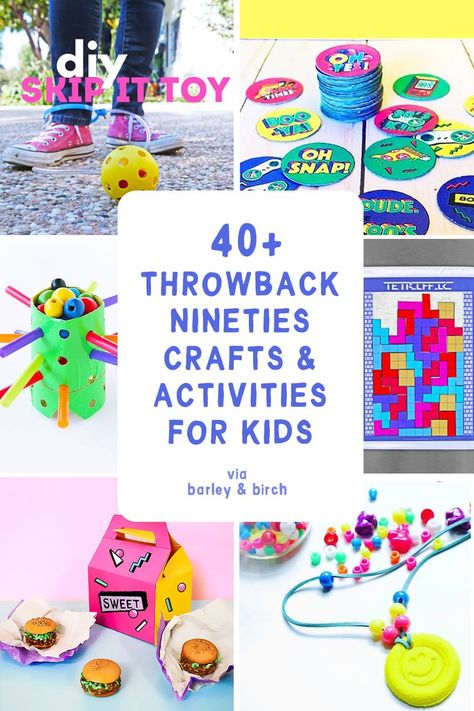 Over 40 of our favorite 90s crafts and activies for kids and parents! From DIY 90s toys and games you can make yourself to 90s movie night ideas and 90s-inspired snacks. Tons of throwback fun for 90s day at school, spirit weeks, or just a little old school entertainment at home! | from barley & birch 90s Day At School, Diy 90s Party, 90s Crafts, 90s Day, Activies For Kids, Spirit Weeks, 90s Party Ideas, Movie Night Ideas, Summer Camp Themes
