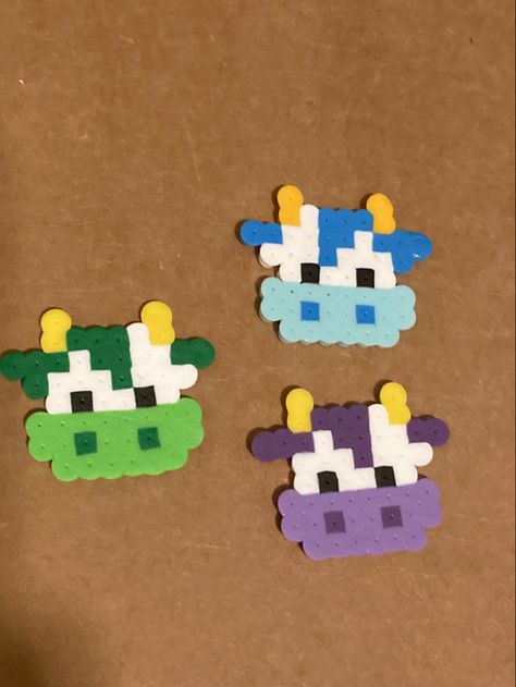 blue cow purple cow green cow perler bead cute pixel art farm animal perler beads Kawaii, Bead Art Animals, Perler Beads Cows, Pearler Bead Patterns Cow, Cow Melty Beads, Green Perler Bead Ideas, Perler Beads Ideas Mini, Matching Pearler Beads, Simple Small Perler Bead Patterns