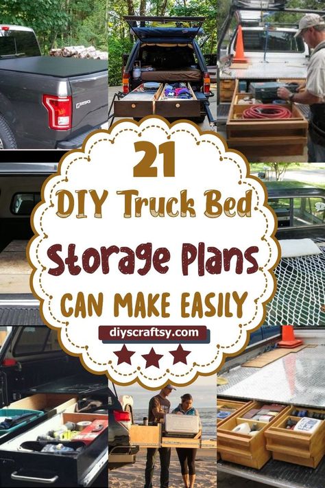 DIY Truck Bed Storage Plans Tool Storage Truck Bed, Diy Truck Bed Drawers, Truck Bed Trailer Camper, Diy Truck Bed Organizer, Decked Truck Bed Storage Ideas, Pickup Bed Storage Ideas, Truck Bed Tool Organization, Truck Bed Camper Ideas, Truck Bed Organization Diy