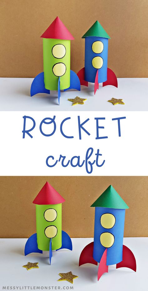 Rocket Crafts Preschool, Prek Rocket Craft, Construction Paper Rocket Ship, Toilet Paper Rocket Ship, Preschool Rocket Craft, How To Make A Rocket Ship, Toilet Paper Roll Rocket Ship, Rocket Craft Ideas, Kids Rocket Craft