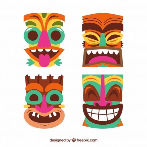 Pack of tiki masks in flat design Free V... | Free Vector #Freepik #freevector #design #wood #art #sign Mascaras Tiki, Tiki Maske, Totem Tiki, Luau Party Games, Tiki Masks, Festa Moana Baby, Tiki Faces, Aloha Party, Hawaiian Party Decorations