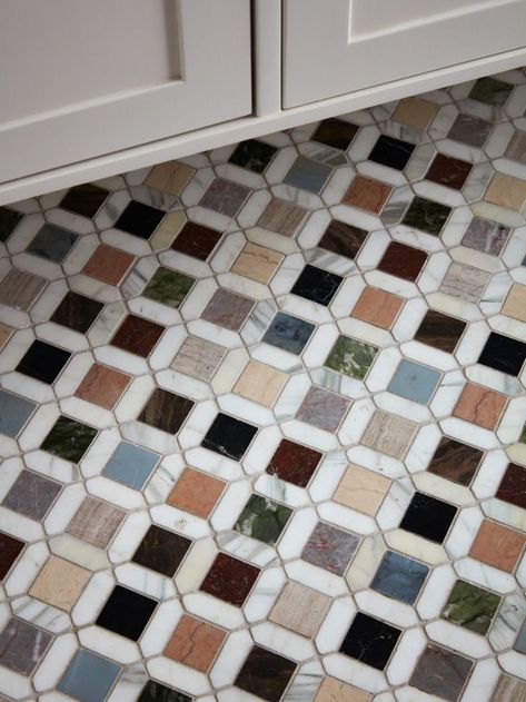 Guest Room at Maison de la Luz in New Orleans, Photo by Stephen Kent Johnson Fun Floor Tile Bathroom, Gemstones Interior Design, Mismatched Tile Floor, Powder Bathroom No Window, Colorful Tile Floor Bathroom, Colorful Modern Organic Decor, Mosaic Tile Floor Kitchen, Multicolor Tile Backsplash, Mosaic Marble Tile