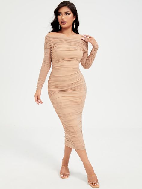 Rouched Dress Outfit, Vestido Color Nude, Ruched Dress Bodycon, Ruched Mesh Dress, Brown Strapless Dress, Leg Of Mutton Sleeve, Split Hem Dress, Asymmetrical Hem Dress, Striped Tunic Dress