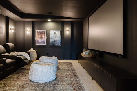 Our Finished Home Theater - Crazy Wonderful Black Modern Basement, Black Accent Wall Movie Room, Black Media Room Ideas, Accent Wall Movie Room, Media Room Black Walls, Basement With Black Walls, Home Theater Built In, Basement Black Walls, Black Walls In Basement