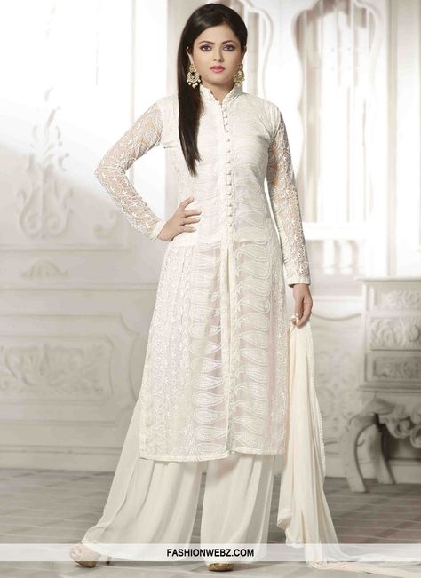 Fashionable Chicken Work Drashti Dhami Palazzo Style Designer Suit                                                                                                                                                      More Couture, Palazzo Style, Net Dresses Pakistani, White Salwar Suit, Drashti Dhami, Kameez Designs, Indian Designer Suits, Gaun Fashion, Kurti Neck Designs