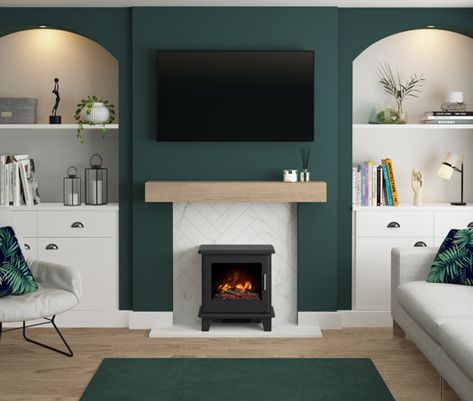 Books In Fireplace Decor, Fireplace Alcove Ideas, Alcove Ideas, Alcove Ideas Living Room, Solid Fuel Stove, Front Room Decor, Snug Room, Diy House Renovations, Electric Fire