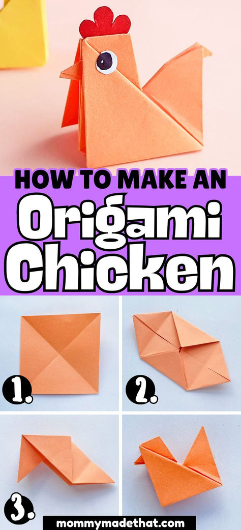 What to learn how to make an origami chicken? This easy origami tutorial shows you step by step how to make this super cute origami animal! This DIY chicken craft is tons of fun for kids and adults! Things To Origami, Origami Chicken Easy, How To Make A Paper Animal, How To Make Shapes With Paper, Easy Bird Origami, Easy Origami Square Paper, Easy Paper Crafts Animals, Fun Easy Origami, Origami For Beginners Step By Step