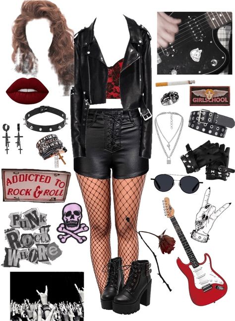80s Party Rock Outfits, 80s Fashion Rock And Roll, 90s Rock Band Outfits, Rock N Roll Dress Up, Diy Rock Band Costume, 80s Rock Women Outfits, Rock Idol Outfit, Glamrock 80s Fashion, 80s Rock Makeup Women