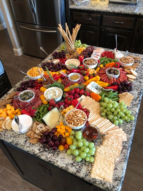 When Your Charcuterie Board is the Kitchen Island - Dining and Cooking Island Cheese Board, Charcuterie Board Ideas On Island, Island Grazing Table, Christmas Charcuterie Island, Charcuterie Board On Kitchen Island, Grazing Table On Kitchen Island, Cheese Board Party Ideas, Womens Conference Table Decor Centerpiece Ideas, Charcuterie Board Tables