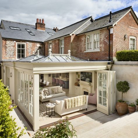 How to extend a kitchen with an orangery - Westbury Garden Rooms Extension On Victorian House, Kitchen In Orangery Extension, Orangery Garden Room, Flat Roof Porch Extension, Kitchen Sunroom Extensions, Kitchen Garden Room Extension, Orangerie Extension Traditional, Extension Garden Room, Room Extension Ideas House