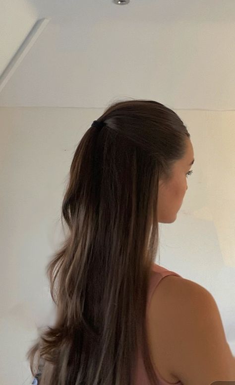 Half Up Half Down Ponytail Straight Hair, Sleek Half Up Ponytail, Hairstyle For Dance Competition, Bridesmaids Hairstyles Brown Hair, Low Half Up Half Down Straight Hair, Straightened Half Up Half Down Hair, School Hairstyles Brunette, Brunette Half Up, Prom Hair Basic