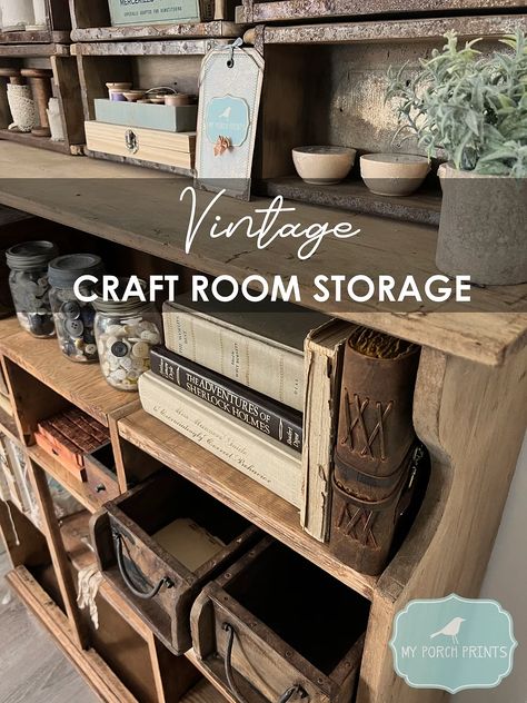 Rustic Craft Room Farmhouse Style, Craft Room Work Stations, Organisation, Hobby Room Storage, Art Supply Storage Ideas Diy, Vintage Craft Storage, Workshop Craft Room, Craft Room Vintage Style, Farmhouse Sewing Room Ideas