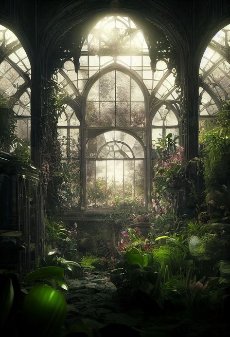 Garden Fantasy Aesthetic, Fantasy Garden Background, Green House Concept Art, Jasminecore Aesthetic, Fantasy Royalty, Old Greenhouse, Pretty Windows, Magnolia Stellata, Dark Academia Wall