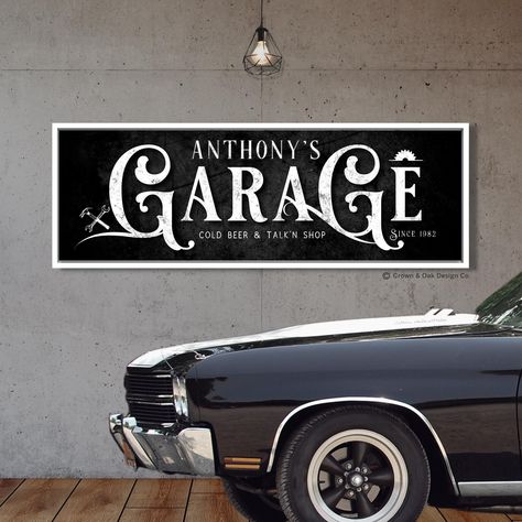 "Personalized Garage Sign - Garage Name Sign - Garage Wall Art - Gift For Dad - Gift For Husband Thank you for visiting Crown & Oak Design Co. ➤ Click here for all products https://www.etsy.com/shop/CrownAndOakDesignCo ➤ How To Order: Please select size, product type and add personalization (if required) in the text box above. ★ Note: Any customization beyond what is required specific to the design is subject to an additional design fee. This includes but is not limited to wording, fonts, colors Logos, Workshop Signs, Garage Wall Art, Man Cave Wall Decor, Mechanic Gifts, Cave Wall, Man Cave Wall, Garage Signs, Man Cave Signs