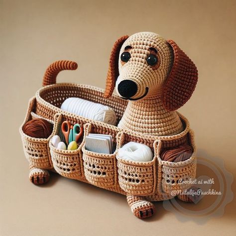 Crochet Dreams on Instagram: "🧶🐕 This dachshund isn’t just another cute face; it’s a yarn-guarding, needle-nesting, scissor-stashing dynamo. Who knew organization could be so adorable? #TheMagicalWorldOfCrochet #Crochet #Вязание #Häkeln #Ganchillo #钩织 #Dog #Собака #Hund #Perro #狗 #Dachshund #Такса #Dackel #Teckel #达克斯猎犬 #Organizer #Органайзер #Organizer #Organizador #组织者 #Handmadetax #Вязанный #Handgemacht #Hechoamano #手工制作 On my Instagram page, you will find unique images created by artificial intelligence, as well as my personal works. For those interested in learning the creation process, completed works come with a link to purchase the masterclass. Other images generated by artificial intelligence are currently under development and will be available in the next 3-6 months. If you c Mini Baskets, Basket Weave Crochet, Kat Haken, Chat Crochet, Crochet Organizer, Dachshund Pattern, Crochet Mignon, Confection Au Crochet, Crochet Dog Patterns