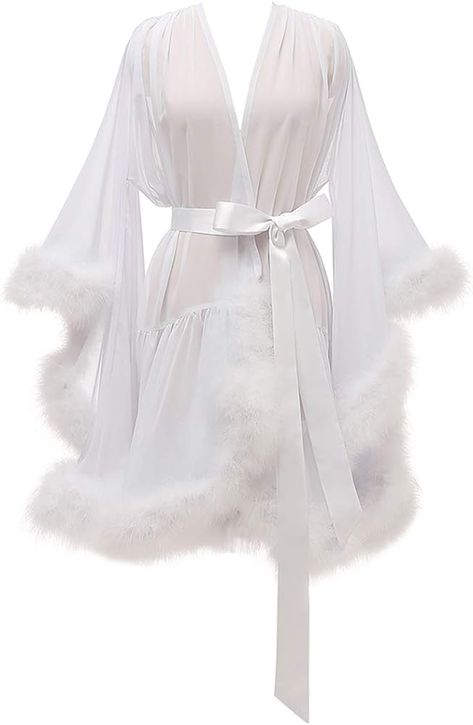 Molisa Short Chiffon Bridal Feather Robe Sheer Lingerie Bathrobe Sleepwear Nightgown Wedding Robes Light Blue XL : Amazon.ca: Clothing, Shoes & Accessories Robe With Fur, Feather Bridal Robe, Bridal Dressing Gown, Lingerie Nightgown, Bridal Nightgown, Wedding Scarf, Kimono Dressing Gown, Sheer Robe, Red Bridesmaids