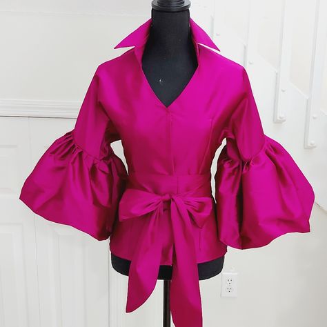 Blouse In Silk Taffeta With Balloon Sleeves And Beautiful Belt Colors Available Red, Black, Royal Blue ,White And Magenta Church Fashion, Sewing Tutorials Clothes, Beautiful Belts, Silk Taffeta, Tops Blouse, Fashion Designs, Make Color, Balloon Sleeves, Balloon Sleeve