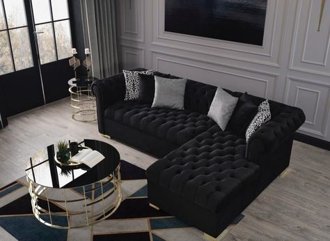 Black Sectional Living Room, Black Sofa Decor, Black Sofa Living Room, L Shape Sectional, Black Sectional, Black Couches, Contemporary Sectional, Velvet Sectional, Black Living Room