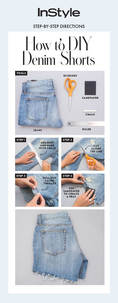 An easy four-step guide on how to cut your jeans into shorts. Clothes Refashion, Jeans Into Shorts, Diy Denim Shorts, Diy Jean Shorts, Cut Jean Shorts, Diy Ripped Jeans, Ropa Upcycling, Haine Diy, Diy Jeans