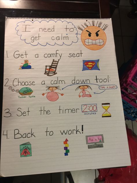 Conscious discipline based anchor chart for Pre-K. Calm Down Corner Anchor Chart, Calming Corner Anchor Chart, Class Discipline Ideas, Conscious Discipline Feeling Buddies, Prek Anchor Charts Classroom, Conscious Discipline Brain Smart Start, Sel Anchor Charts, Emotions Anchor Chart, Conscious Discipline Classroom