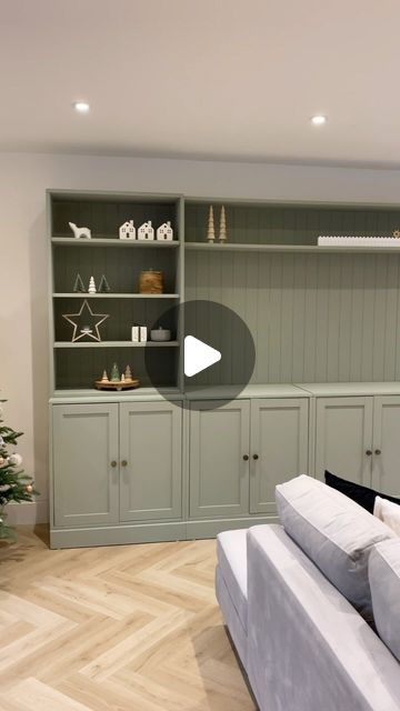 DIY - IKEA Hack on Instagram: "@the_robinsonfamily_abode shared their impressive DIY media wall: combining IKEA HAVSTA units to create a functional storage space with five cupboards. They added a touch of elegance with pre-measured v-groove paneling from @cutmy.uk, painted in sage green from @grahamandbrown. To complete the built-in look, they built two top shelves from wood they picked up at their local timber store.   For more ideas and inspiration, be sure to check out Vicky’s page @the_robinsonfamily_abode  . . . #ikeahack #ikea #ikeahacikeadiy #ikeahome #ikeaideas #ikealover #interiordesign #diy #HomeDecor #diyideas #diyproject #home #HomeDIY #InteriorDesign #havsta" Ikea Built In Cupboards, Ikea Built In Storage Hacks, Ikea Built In Havsta Hack, Ikea Basement Built Ins, Ikea Storage Wall With Desk, Tv Wall Decor With Storage, Study Room Wall Panelling, Ikea Hack Built In Tv Unit, Ikea Hack Built In Storage