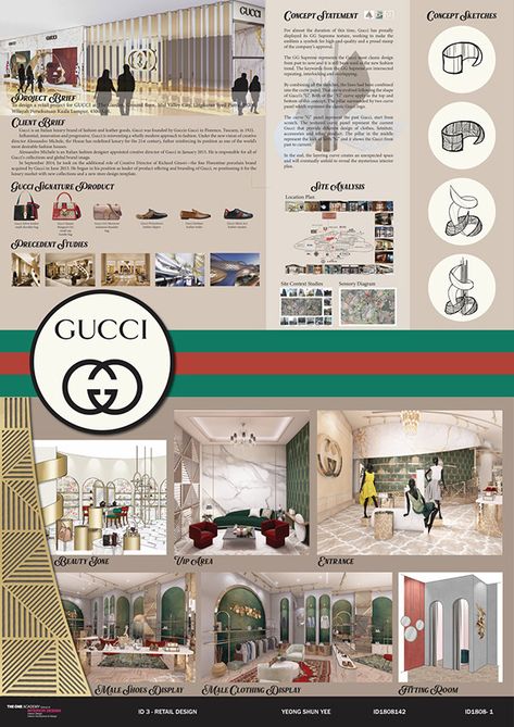 Retail Store Design - Gucci Retail Store on Behance Gucci Store Interior Design, Gucci Visual Merchandising, Store Plan Architecture, Gucci Interior Design, Luxury Retail Store Interior Design, Interior Design Poster Ideas, Interior Design Sheets, Dior Interior Design, Gucci Store Interior