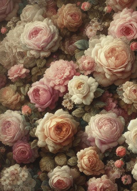 A detailed painting of an assortment of roses in varying shades of pink and peach, with lush petals and intricate textures. Victorian Flowers Painting, Aesthetic Victorian Painting, Victorian Era Art Paintings, Victorian Flower Wallpaper, Baroque Flowers Painting, Pink Flowers Aesthetic Painting, Rose Painting Reference, Victorian Rose Illustration, Victorian Pink Aesthetic