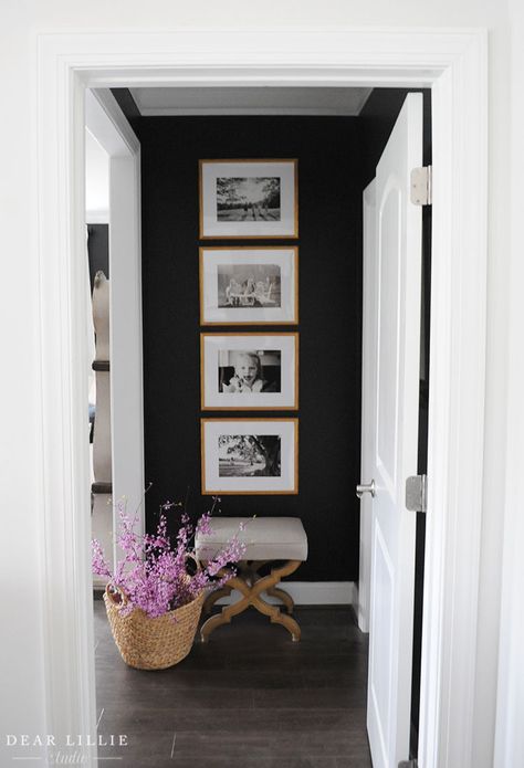 Master Bedroom With Bright Spring Eastern Redbud Branches - Dear Lillie Studio Living Room Wall Decor Next To Window, Hallway Entry Wall Decor, Photos Over Fireplace, Navy Blue Accent Wall Hallway, Entryway Landing Ideas, Simple Colorful Home Decor, Town House Decorating Ideas, Hall Ways Ideas Narrow, Front Sitting Room Ideas Entrance