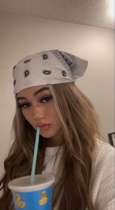 #brownhair #longhair #bandana #makeup #fashion #pretty #wasian Summer Hairstyles With Bandanas, Bandana Hairstyles Pigtails, Bandana Hair Ideas, 2000s Bandana Hair, White Bandana Outfit, Cute Hairstyles With Bandanas, Hair Styles With Bandana, Bandana Hair Styles, Braids Bandana