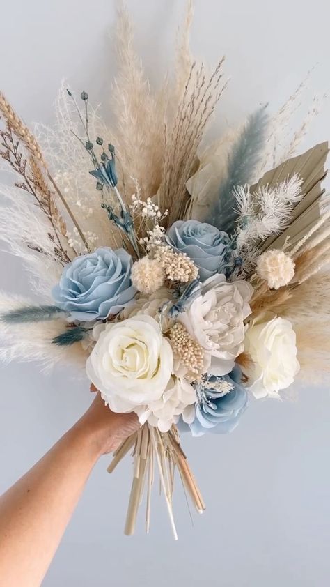 For Danielle🦋 First time to create a bouquet with pop of dusty blue and love how this beauty turned out. 🤍🤍 . . . . . . #pampasbouquet #d… | Instagram Wedding Bouquets Bride Blue And White, Light Blue Wedding Flowers Centerpiece, Sage Blue And White Wedding, Dusty Blue Candle Centerpieces, Wedding Colors Based On Month, Blue And Greenery Bouquet, Blue And Tan Flower Arrangements, Blue Fall Wedding Bouquets, Rustic Country Blue Wedding