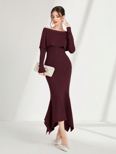 Burgundy Elegant Collar Long Sleeve Knitwear Plain  Embellished High Stretch  Women Clothing Formal Hijab, Burgundy Outfit, Prom Dress Inspo, Fish Tail, Sweater Dresses, Sweater Dress Women, Women Sweater, Asymmetrical Dress, Casual Wardrobe