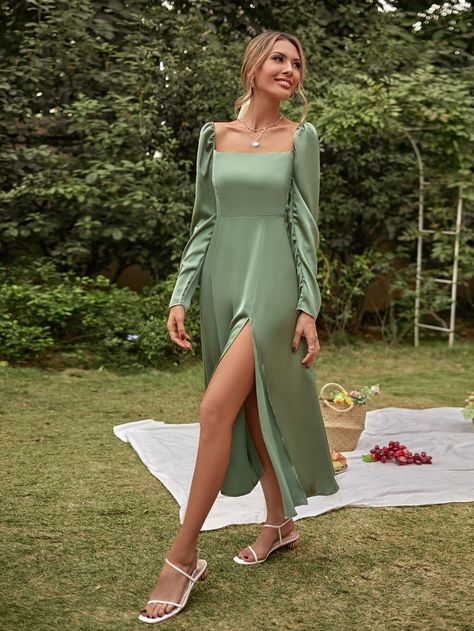 Solid Square Neck Split Hem Dress | SHEIN USA Sage Green Prom, Sage Green Prom Dress, Silk Dress Design, Green Prom Dresses, Raw Silk Dress, Green Satin Dress, Long Sleeve Bridesmaid Dress, Sage Green Bridesmaid Dress, Square Neck Long Sleeve