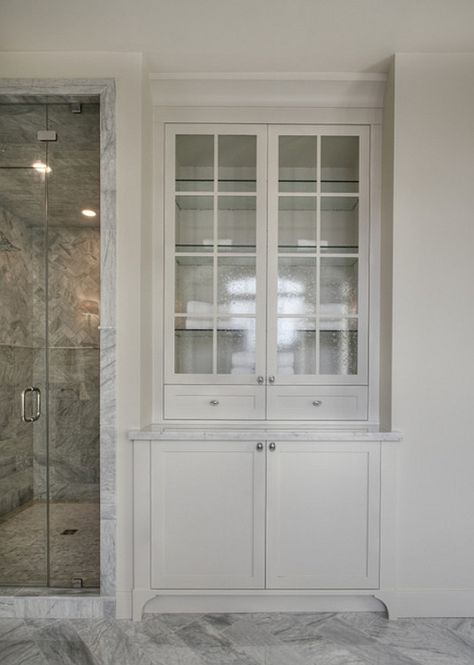 Bathroom built-in, foot detail Linen Cabinets, Hamptons Style Bathroom, Hampton Style Bathrooms, Bathroom Linen Closet, Bathroom Linen Cabinet, Storage Organizers, Cabinet Remodel, Master Bath Remodel, Linen Cabinet