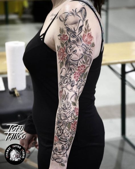 Arm Sleeve Disney, Leg Tattoos Women Disney, Disney Leg Sleeve Tattoo Women, Disney Princess Tattoo Ideas Sleeve, Discrete Disney Tattoos, Disney Full Sleeve Tattoo, Disney Neo Traditional Tattoo, Disney Themed Sleeve Tattoo, Floral Disney Tattoo Sleeve