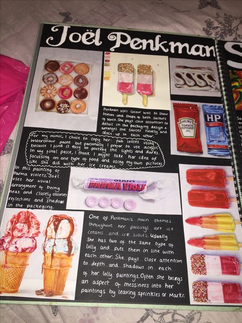 GCSE ART SKETCHBOOK IDEAS- research page on Joel Penkman for project ‘food’| insta- _maisierookeart_ Artist Boards Ideas, Gcse Food Art Sketchbook, Food Art Sketchbook, Food Gcse Art Sketchbook, Food Art Igcse, Gcse Art Food Project, Joel Penkman Artist Research, Gcse Art Sketchbook Year 10, Sweets Art Gcse