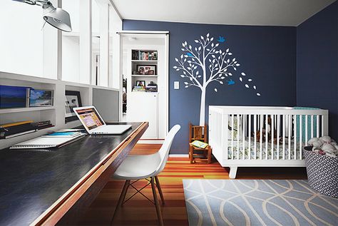 Baby Room And Office Combo, Office And Nursery Combo, Office Nursery Combo, Nursery Office Combo, Office Guest Room Combo, Home Office Design Ideas, Long Desk, Modern Crib, Green Roofs