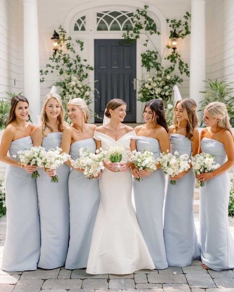 Bella Bridesmaids’s Instagram profile post: “Ice, ice, PERFECTION 💙 #BellaJAX 📸: @hunterryanphoto 👰‍♀️: Sophia Baldor Kauffman 👗: @amsale @amsaleweddings Sonia in Ice Faille” Light Blue Bridesmaid Dresses, Light Blue Bridesmaid, Blue White Weddings, Light Blue Wedding, Something Blue Wedding, Spring Wedding Colors, Bella Bridesmaid, Blue Themed Wedding, Wedding Colors Blue