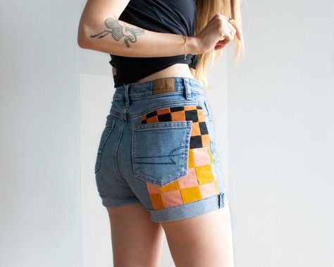 Upcycled Patchwork Denim Shorts Tutorial — Emily Van Hoff Patchwork, Patchwork Jeans Diy, Patchwork Denim Shorts, Diy Jean Shorts, Jeans Tutorial, Upcycled Patchwork, Patchwork Denim Jacket, Sewing Shorts, Patchwork Clothes