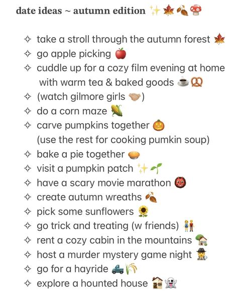 Fall Dates For Couples Aesthetic, Date Ideas In A Small Town, Date Idea At Home, Date Plans Ideas, November Date Ideas, September Date Ideas, Cute Home Date Ideas, Friendship Dates Ideas, October Date Ideas